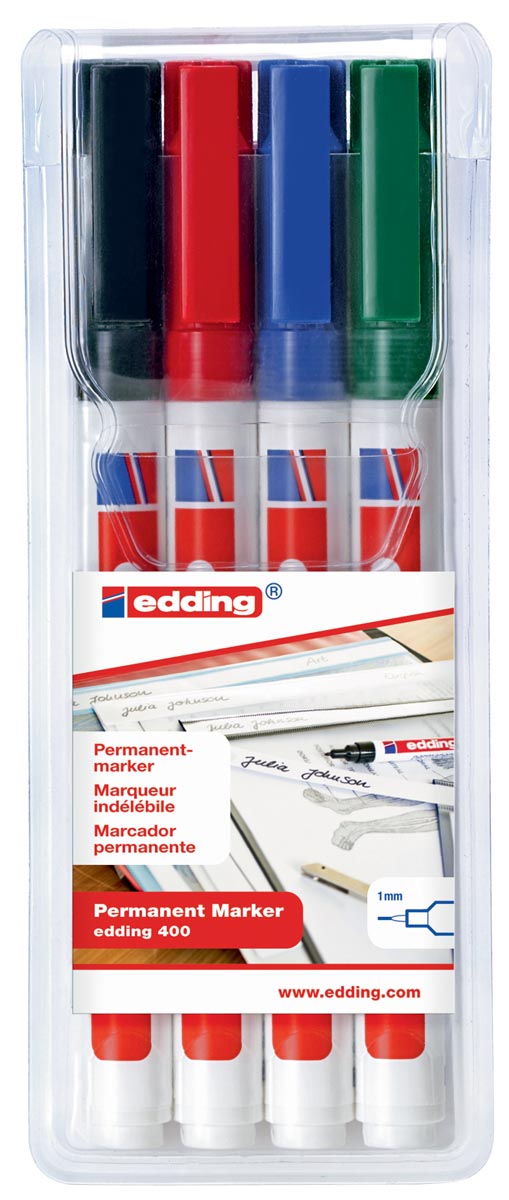 Edding permanent marker 400, etui van 4 stuks in geassorteerde kleuren afbeelding