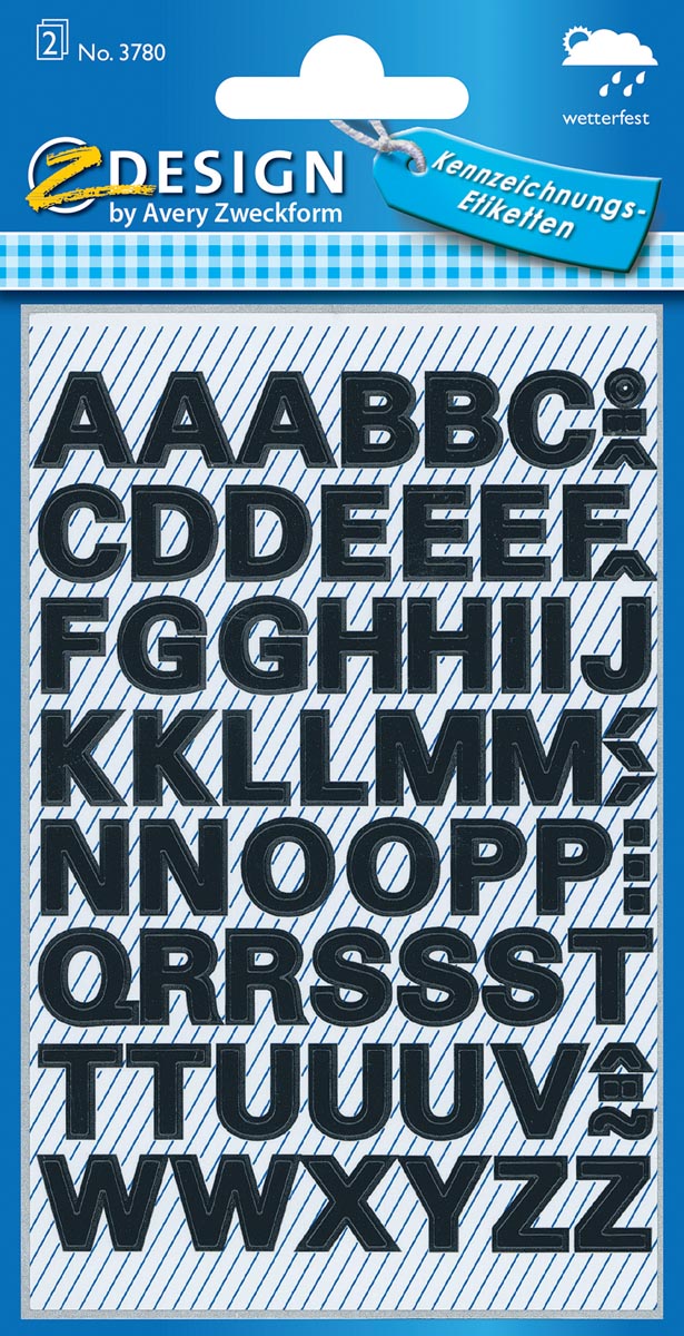 Avery Etiketten, letters A-Z, 2 blad, zwart, waterbestendige folie afbeelding