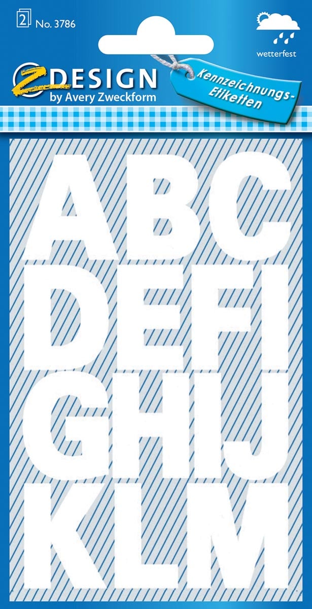 Avery Etiketten cijfers en letters A-Z groot, 2 blad, wit, waterbestendige folie afbeelding