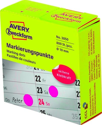 Avery marking dots, diameter 10 mm, rol met 800 stuks, roze