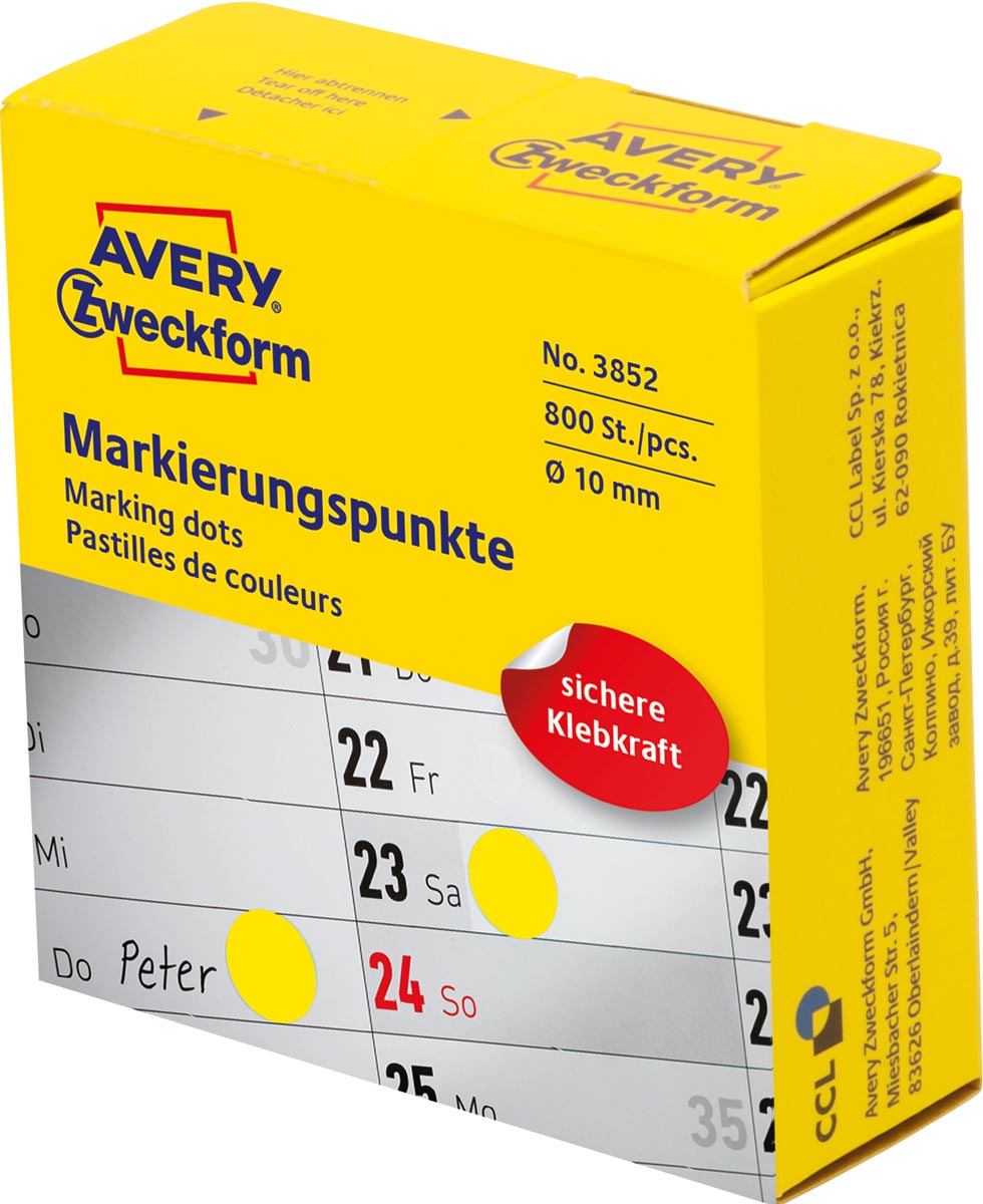 Avery marking dots, diameter 10 mm, rol met 800 stuks, geel afbeelding
