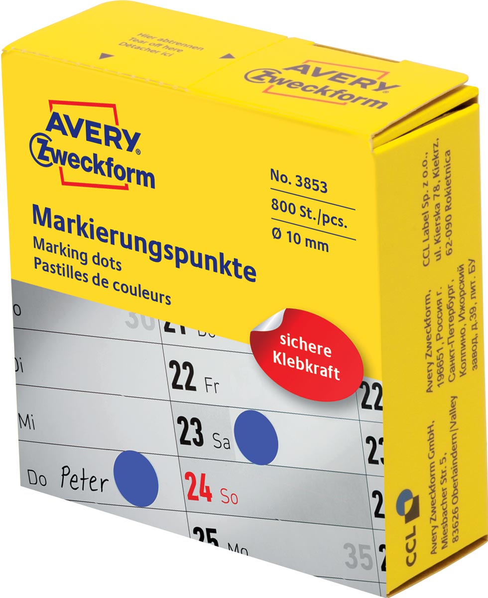 Avery marking dots, diameter 10 mm, rol met 800 stuks, blauw afbeelding