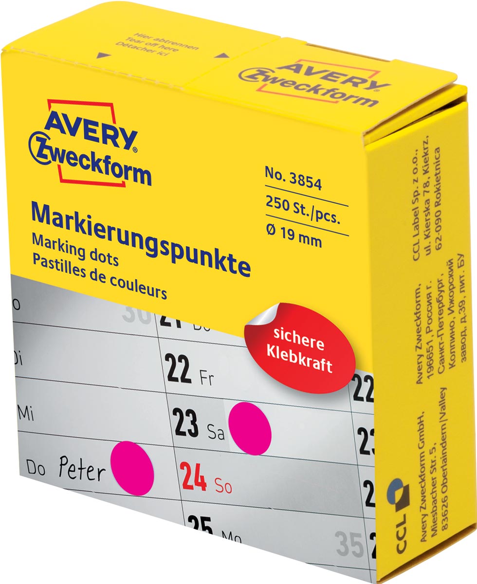 Avery marking dots, diameter 19 mm, rol met 250 stuks, roze