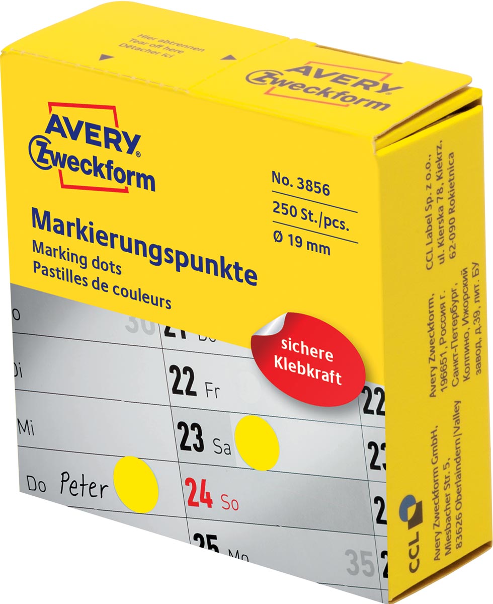 Avery marking dots, diameter 19 mm, rol met 250 stuks, geel afbeelding