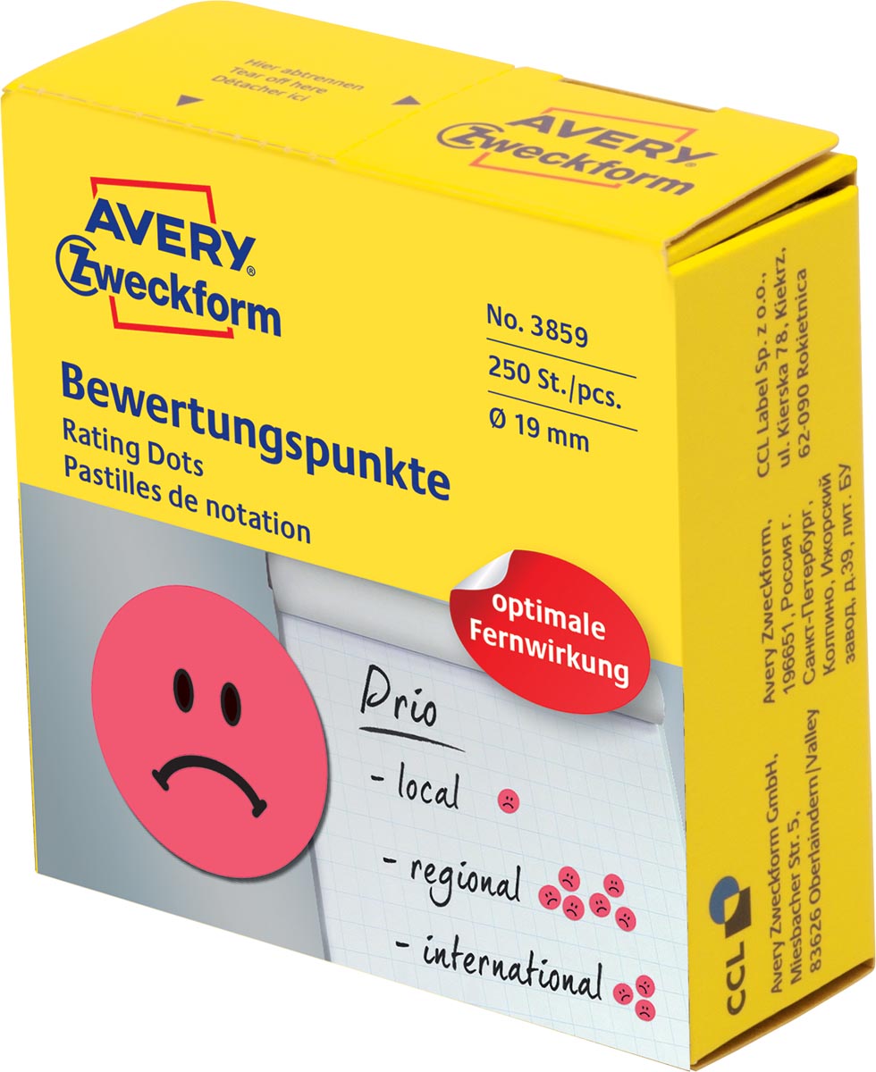 Avery rating dots, diameter 19 mm, rol met 250 stuks, smiley, rood afbeelding