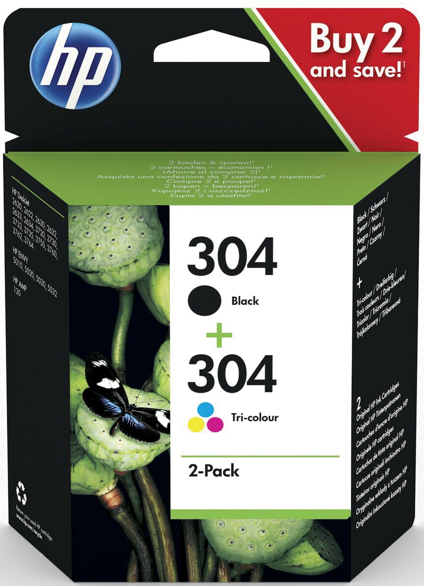HP inktcartridge 304, 100-120 pagina&apos;s, OEM 3JB05AE, 1 x zwart en 1 x 3 kleuren afbeelding