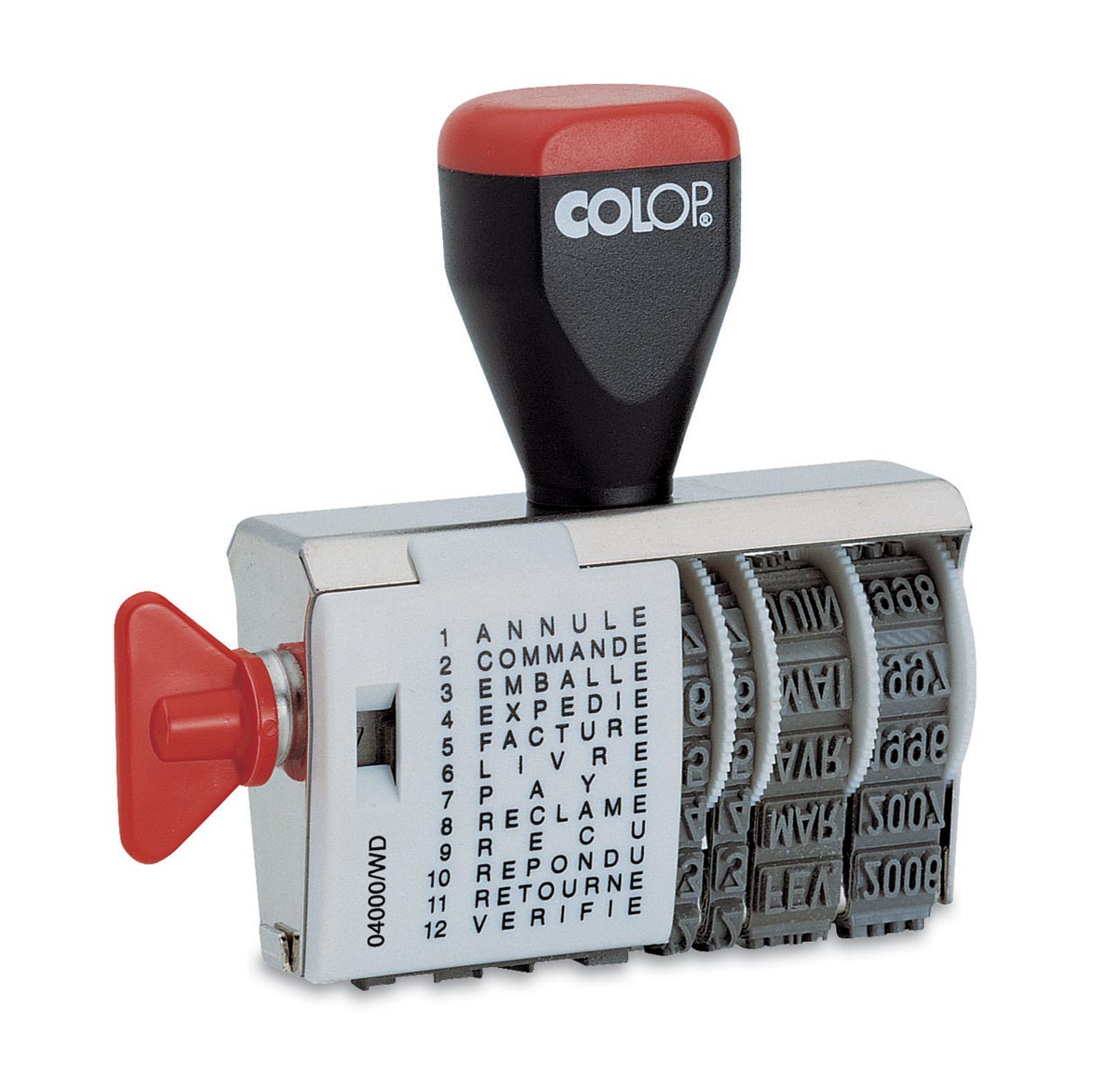 Colop tekststempel met datum woorden annulé, commandé, emballé, expédié, facturé, livré, payé, réclam...