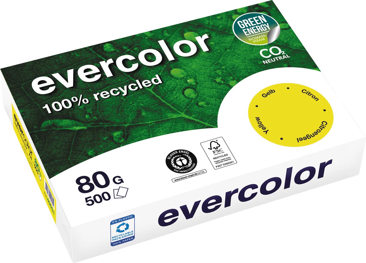 Clairefontaine Evercolor, gekleurd gerecycleerd papier, A4, 80 g, 500 vel, citroengeel afbeelding