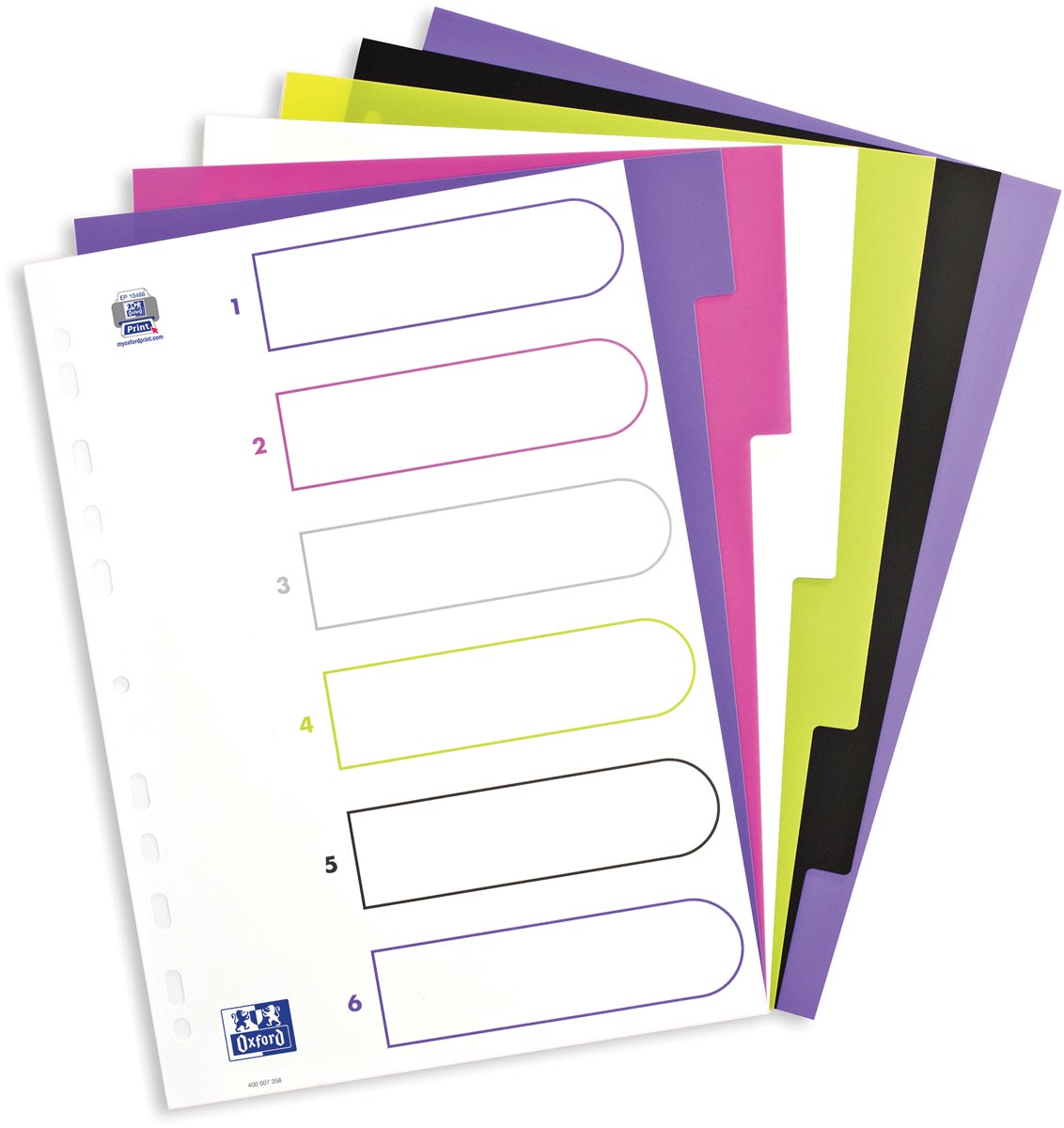 OXFORD MyColour tabbladen, formaat A4, uit gekleurde PP, 11-gaatsperforatie, 6 tabs afbeelding