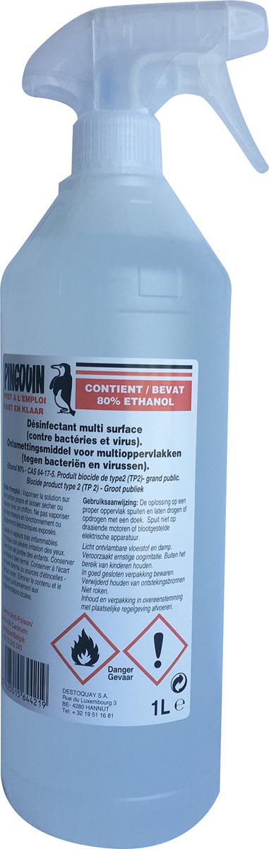 Pingouin ontsmettingsmiddel voor multioppervlakken kant en klaar, 80% Ethanol