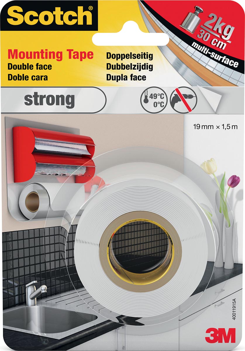 Scotch montagetape Strong, ft 19 mm x 1,5 m, blisterverpakking
