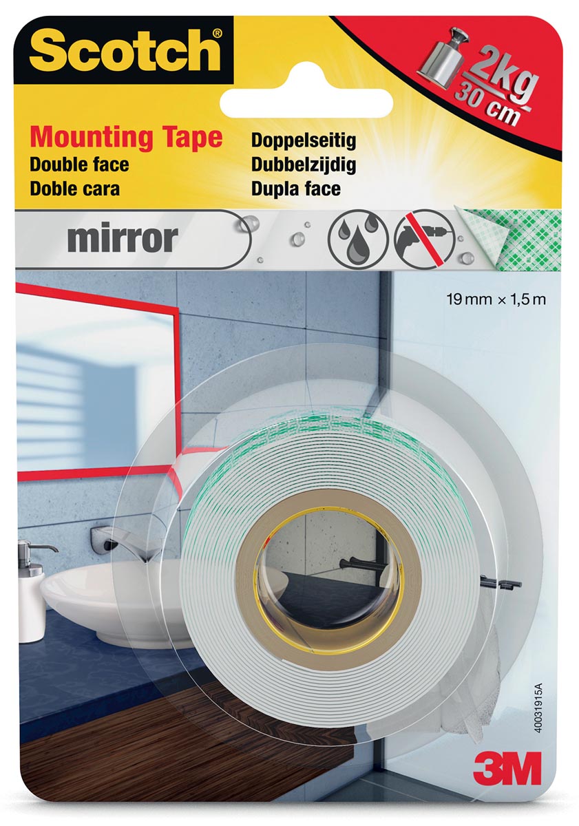 Scotch montagetape Mirror, ft 19 mm x 1,5 m, blisterverpakking