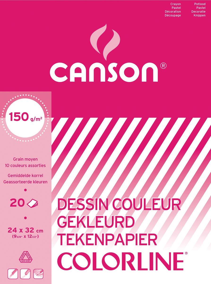 Canson tekenblok 150g/m² ft A3, 20 vel, assortiment kleuren