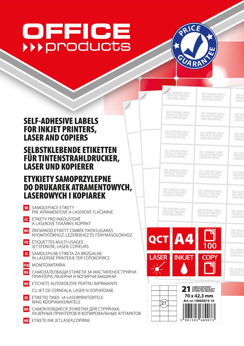 OFFICE products etiketten, wit, rechte hoeken, 100 vel, 70 x 42,3 mm, 21 etiketten per vel afbeelding