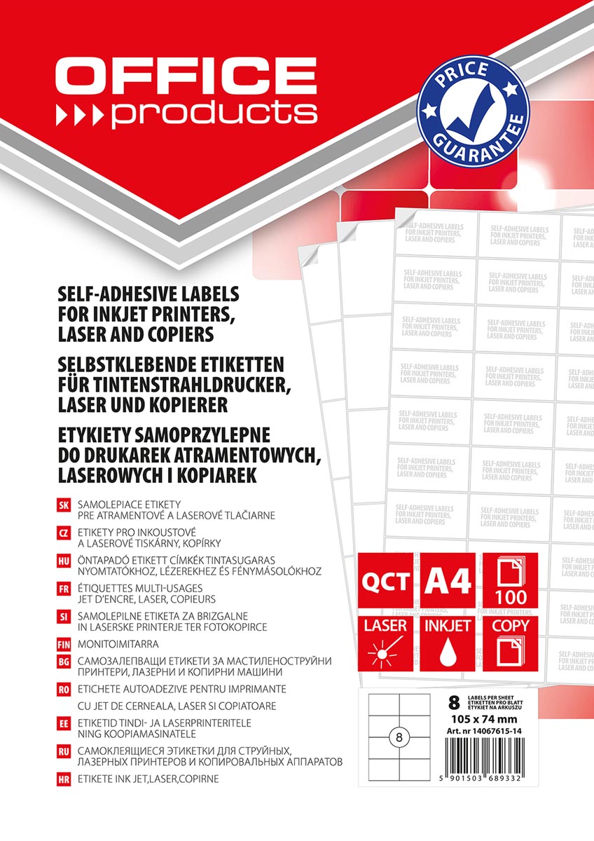 OFFICE products etiketten, wit, rechte hoeken, 100 vel, 105 x 74 mm, 8 etiketten per vel afbeelding