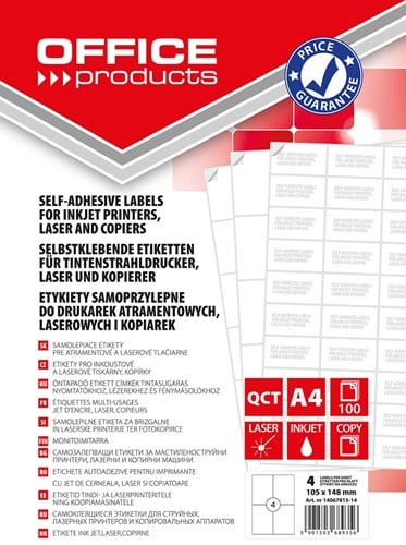 OFFICE products etiketten, wit, rechte hoeken, 100 vel, 105 x 148 mm, 4 etiketten per vel