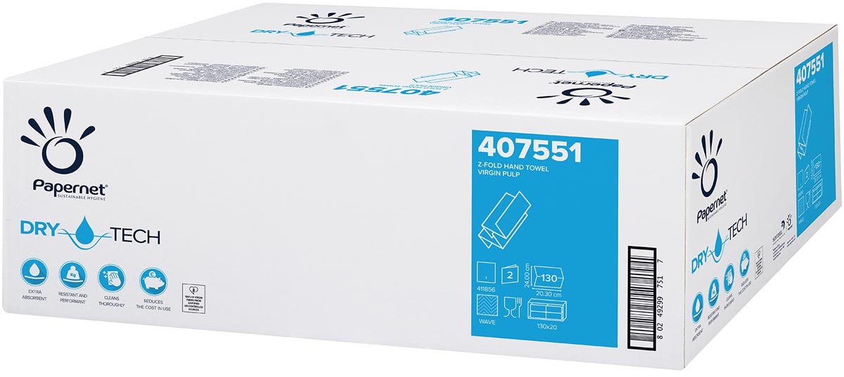 Papernet papieren handdoeken Dry Tech, Z-vouw, 2-laags, 130 vellen, pak van 20 stuks