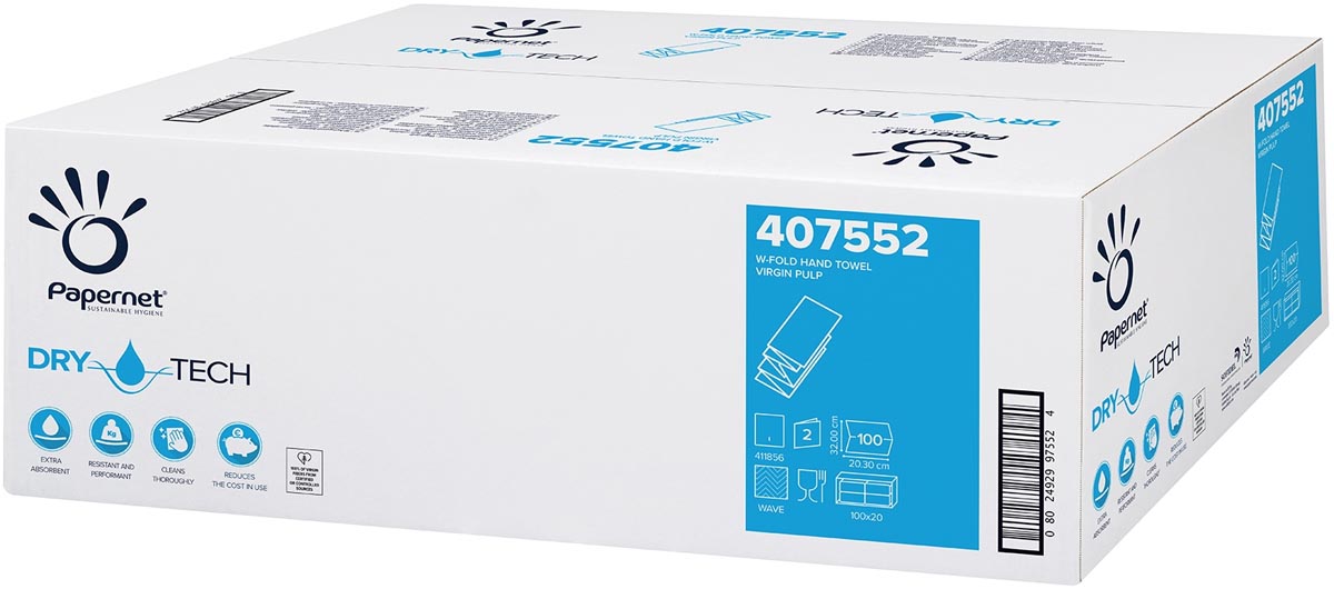 Papernet papieren handdoeken Dry Tech, W-vouw, 2-laags, 100 vellen, pak van 20 stuks afbeelding