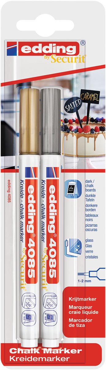 Edding Krijtmarker e-4085, ronde punt van 1 - 2 mm, blister van 2 stuks, zilver en goud afbeelding