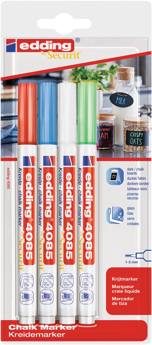 Edding Krijtmarker e-4085, ronde punt van 1 - 2 mm, blister van 4 basis kleuren