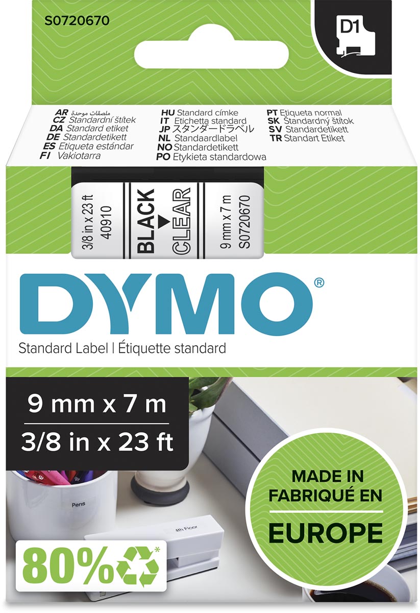 Dymo D1 tape 9 mm, zwart op transparant afbeelding