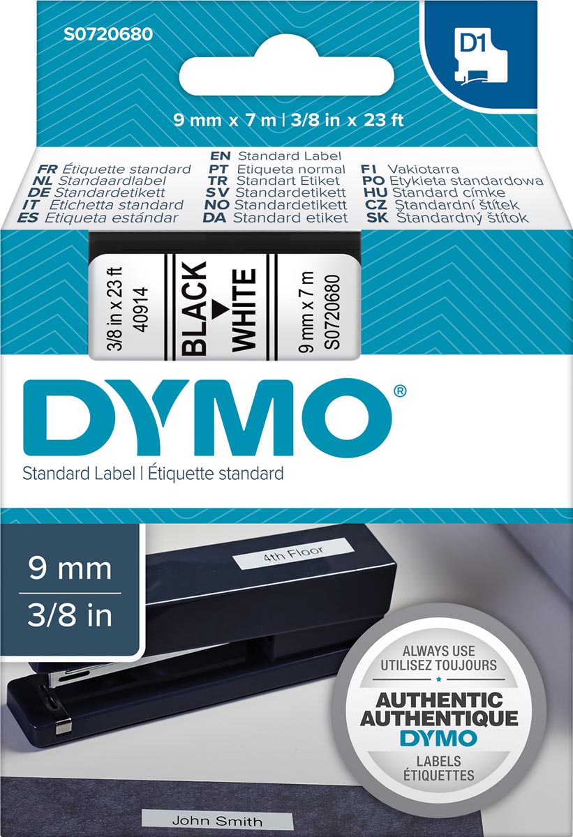 Dymo D1 tape 9 mm, zwart op wit