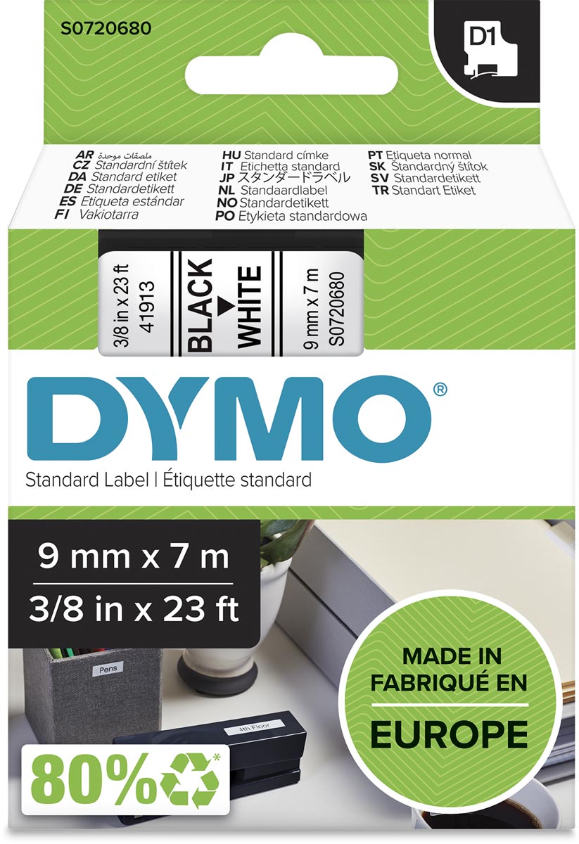 Dymo D1 tape 9 mm, zwart op wit afbeelding
