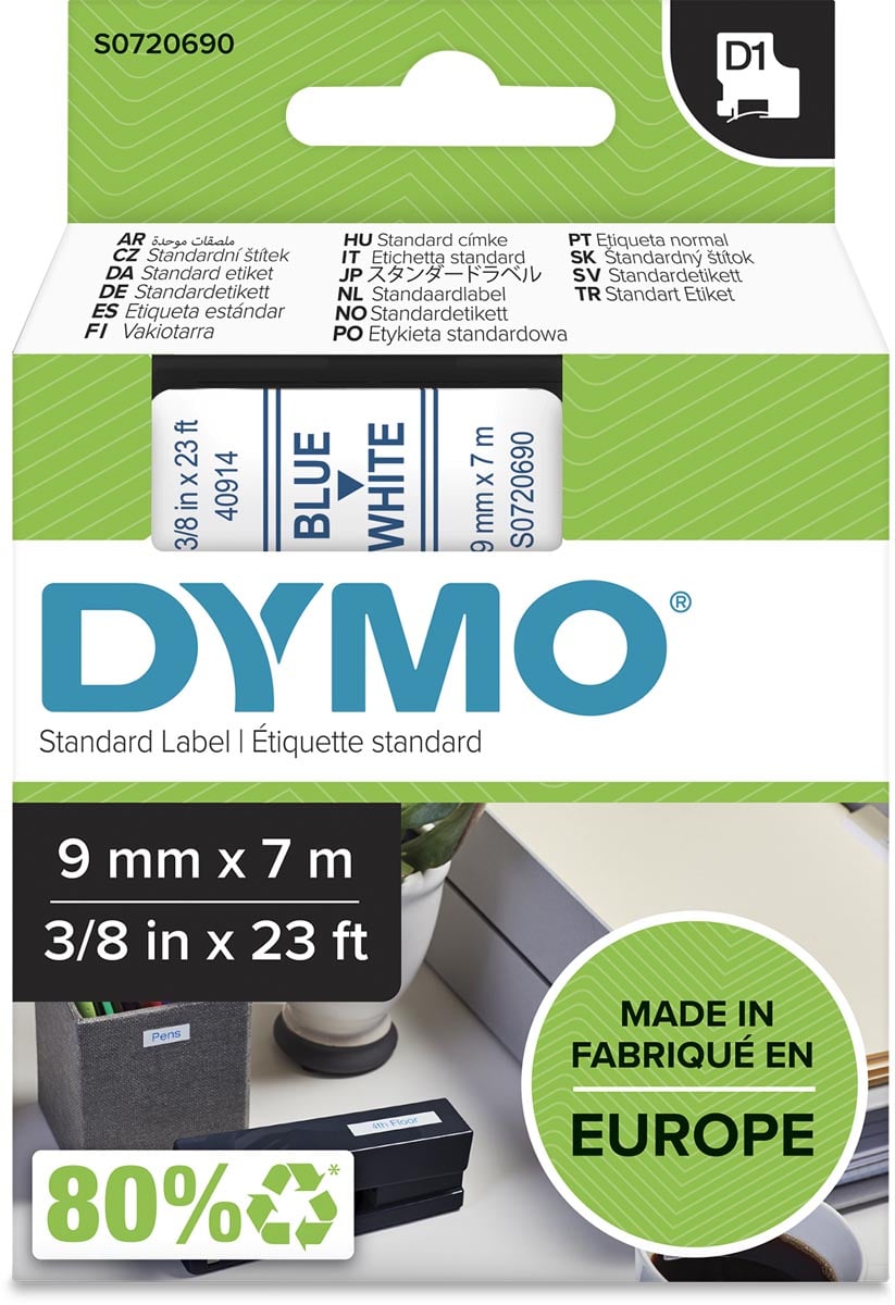 Dymo D1 tape 9 mm, blauw op wit afbeelding