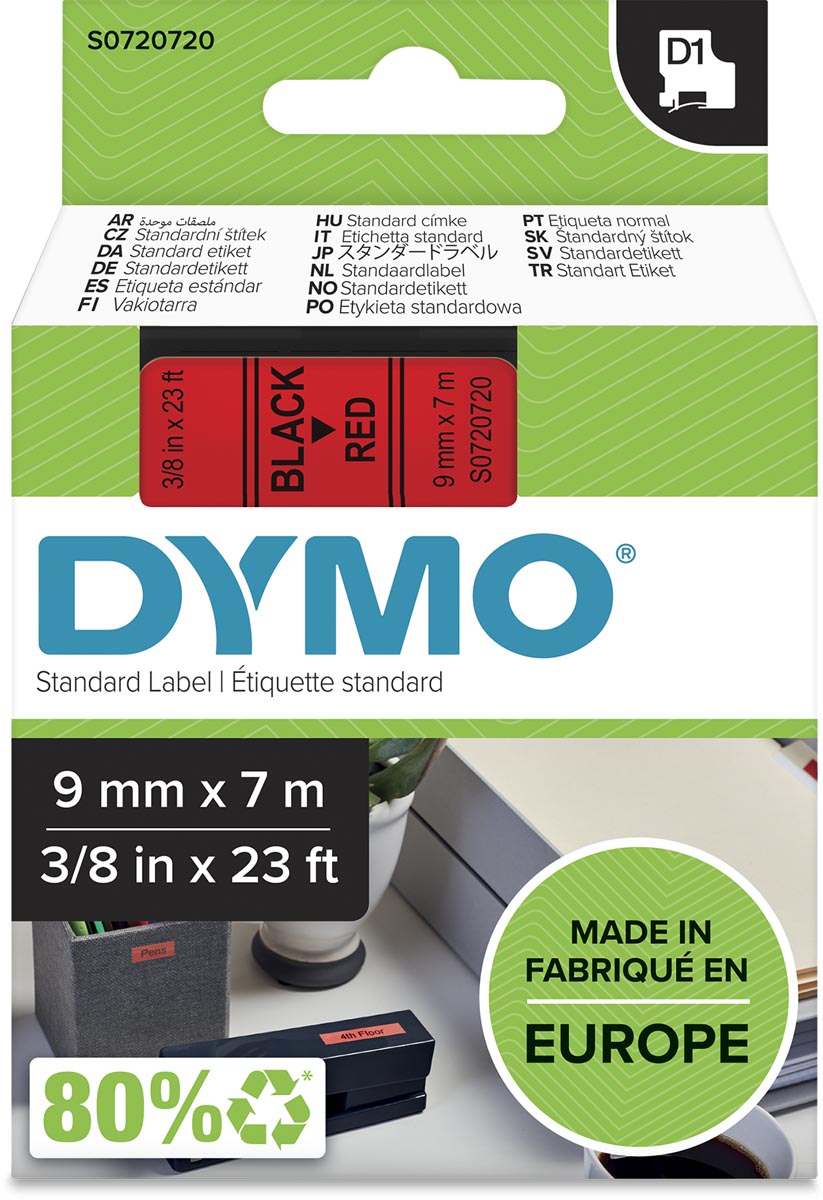 Dymo D1 tape 9 mm, zwart op rood afbeelding