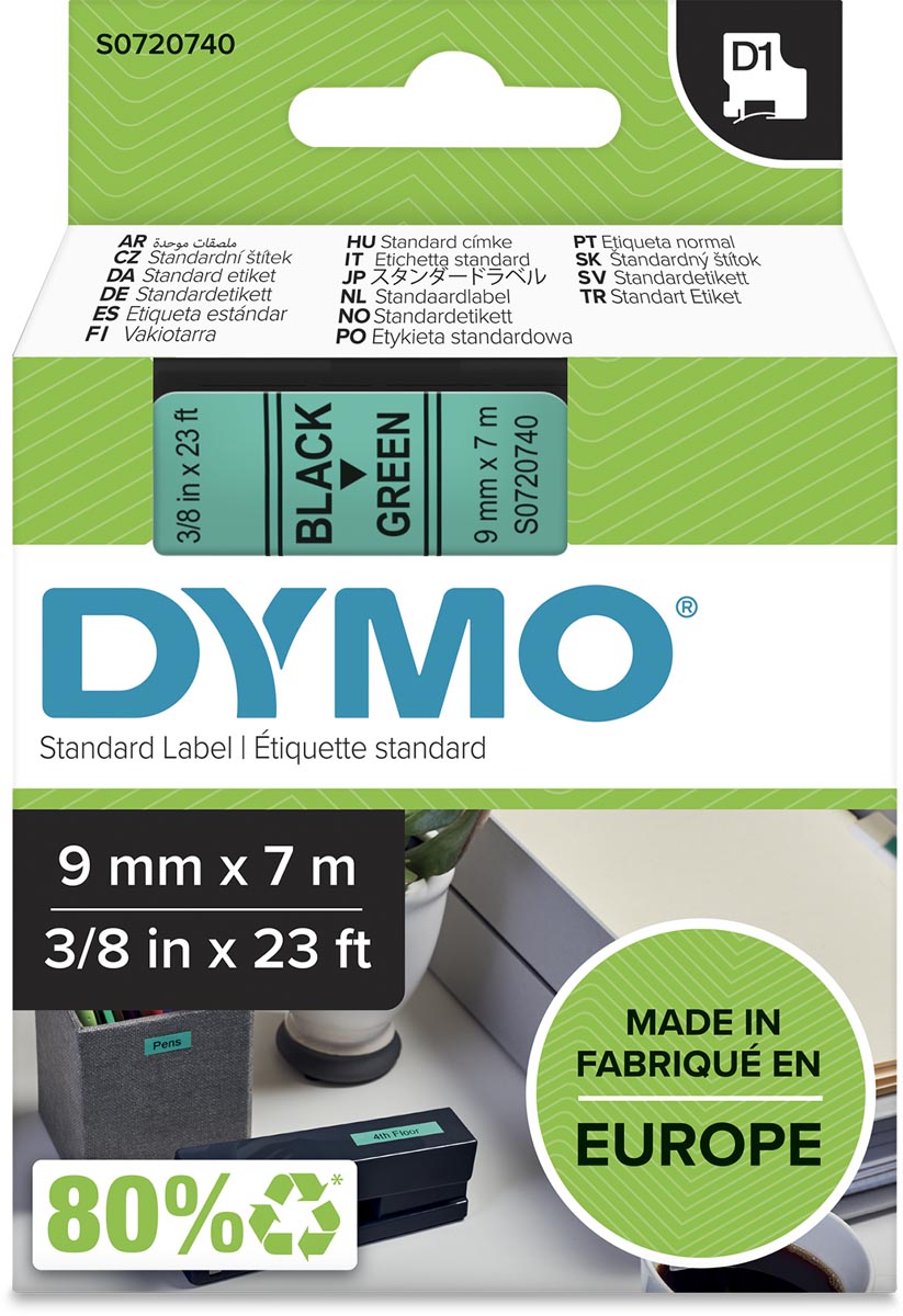 Dymo D1 tape 9 mm, zwart op groen afbeelding