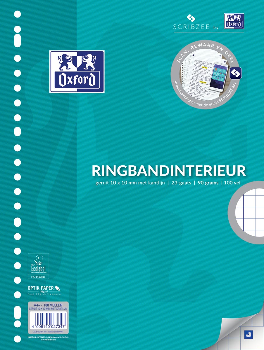 Oxford ringbandinterieur voor ft A4, 23-gaatsperforatie, met kantlijn, 200 bladzijden, geruit 10 mm afbeelding