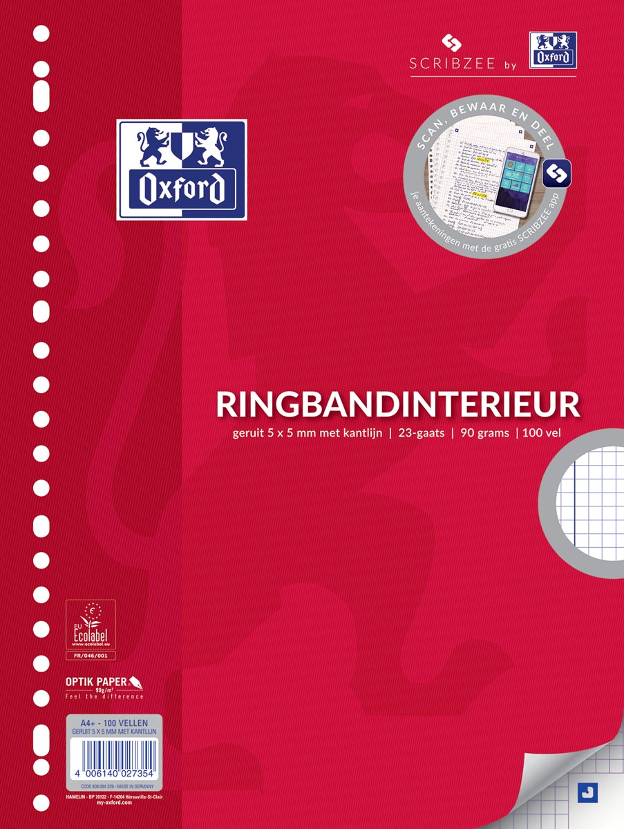 Oxford ringbandinterieur voor ft A4, 23-gaatsperforatie, met kantlijn, 200 bladzijden, geruit 5 mm afbeelding