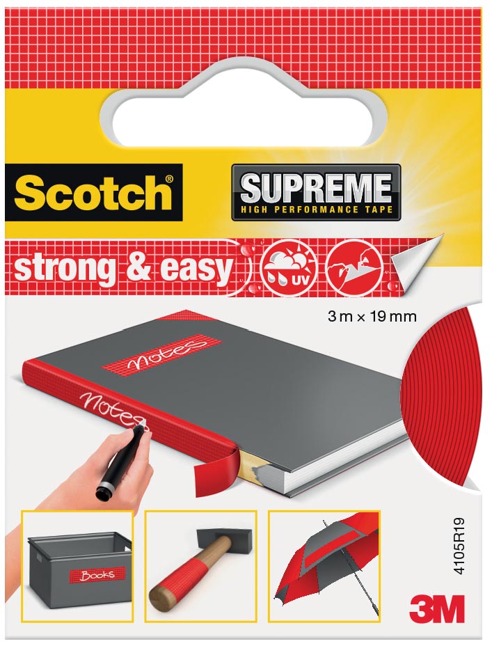 Scotch Supreme reparatietape Strong & Easy, ft 19 mm x 3 m, rood, blisterverpakking Scotch Supreme reparatietape Strong & Easy, ft 19 mm x 3 m, rood, blisterverpakking