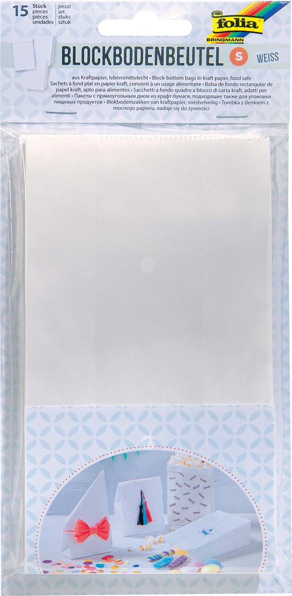 Folia papieren zak, 100 x 55 x 175 mm, pak van 15 stuks, wit Folia papieren zak, 100 x 55 x 175 mm, pak van 15 stuks, wit