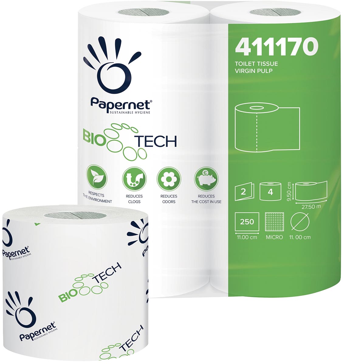 Papernet toiletpapier Bio Tech, 2-laags, 250 vellen, pak van 4 rollen afbeelding