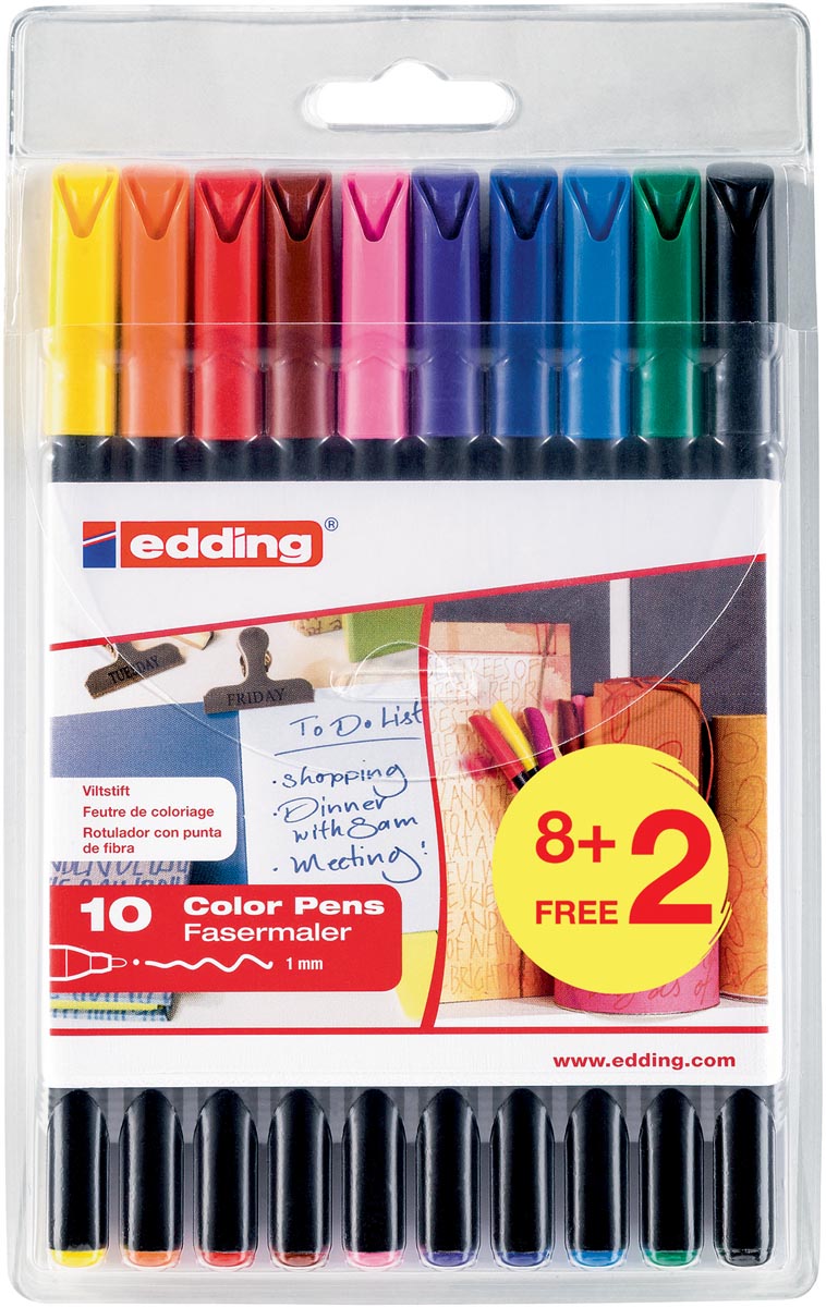 Edding viltstift 1200, blister met 10 stuks (8 + 2 gratis) in geassorteerde kleuren