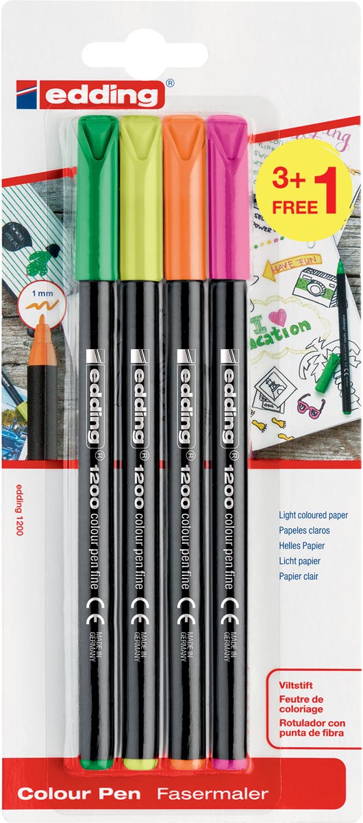 Edding viltstift 1200, blister met 4 stuks (3 + 1 gratis) in geassorteerde neonkleuren