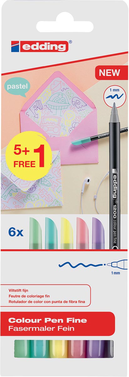 Edding viltstift 1200, blister met 6 stuks (5 + 1 gratis) in geassorteerde pastelkleuren