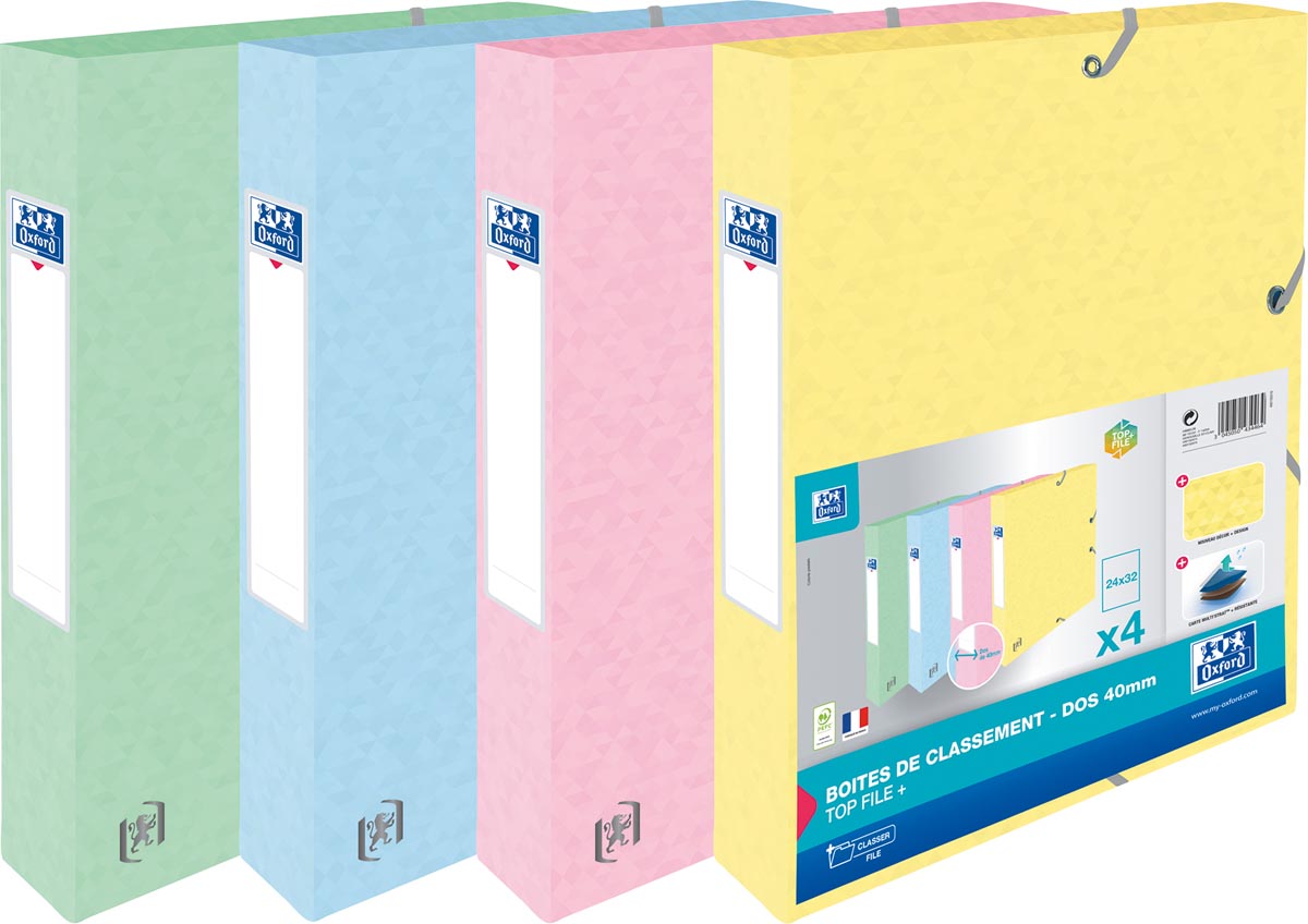 Oxford Top File+ elastobox, rug van 4 cm, geassorteerde pastelkleuren, pak van 4 stuks