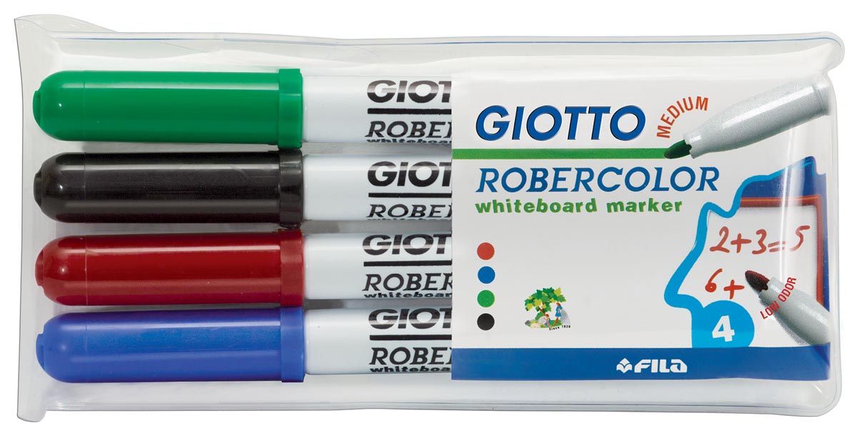 Giotto Robercolor whiteboardmarker, medium, ronde punt, etui met 4 stuks in geassorteerde kleuren afbeelding