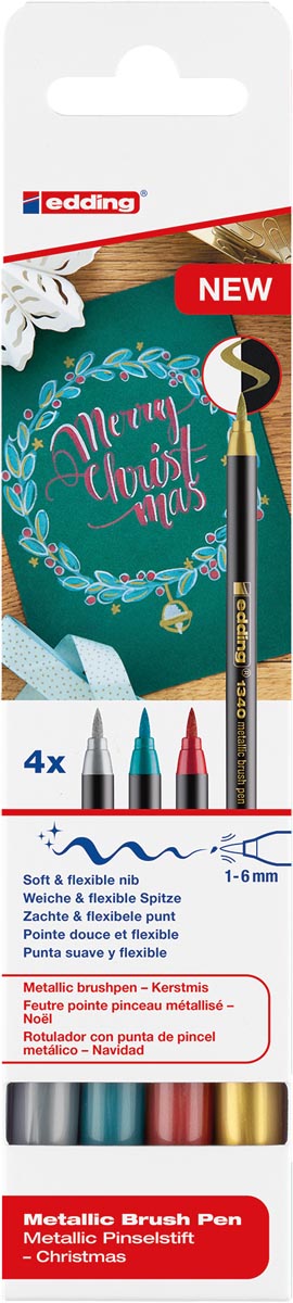 Edding metallic brushpen Christmas e-1340, assorti, set van 4 stuks Edding metallic brushpen Christmas e-1340, assorti, set van 4 stuks