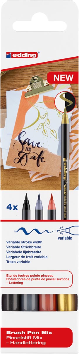 Edding metallic brushpen Mix e-1340, assorti, set van 4 stuks Edding metallic brushpen Mix e-1340, assorti, set van 4 stuks