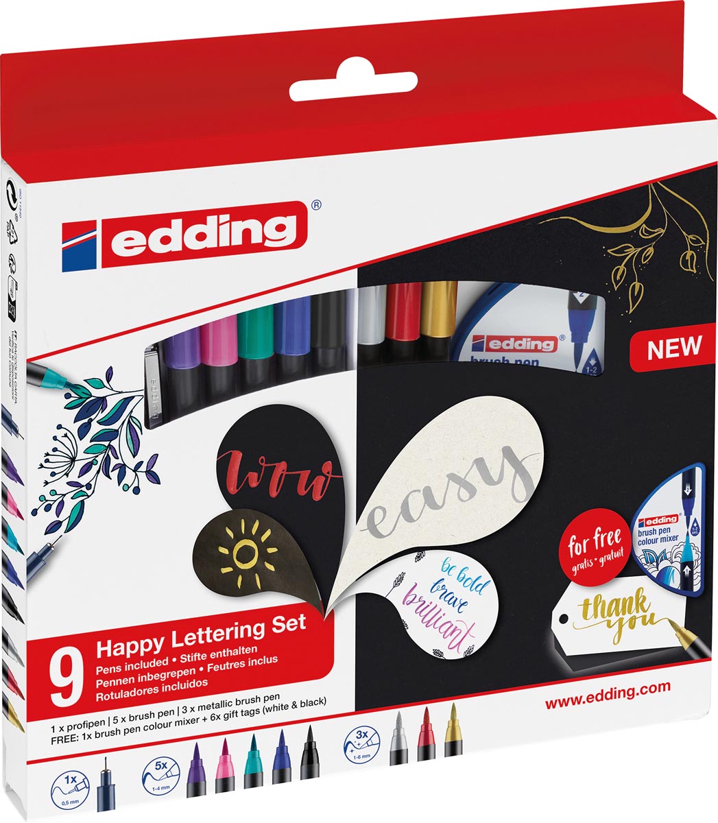 Edding Happy Lettering brushpen, assorti, set van 9 stuks afbeelding