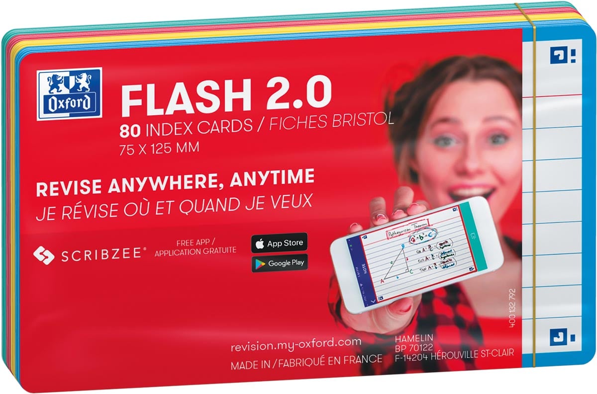 Oxford Flash 2.0 flashcard starterkit, gelijnd, A7, assorti, pak van 80 vel