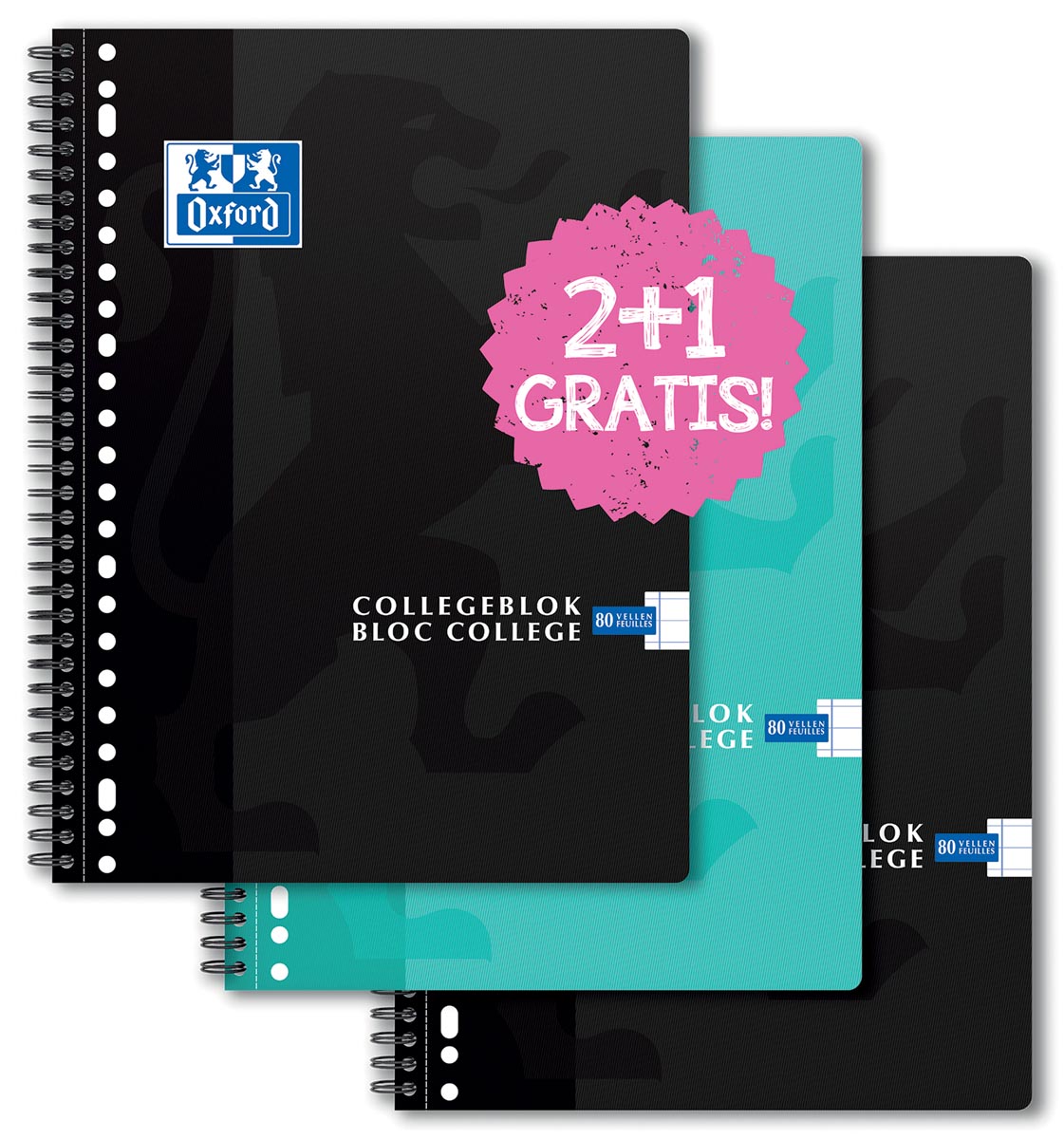 Oxford School collegeblok, ft A4+, 160 bladzijden, 23 gaatjes, gelijnd, 2+1 gratis