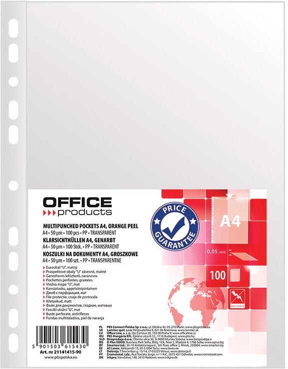 OFFICE products geperforeerde showtas, A4, 50 micron, gekorreld, pak van 100 stuks