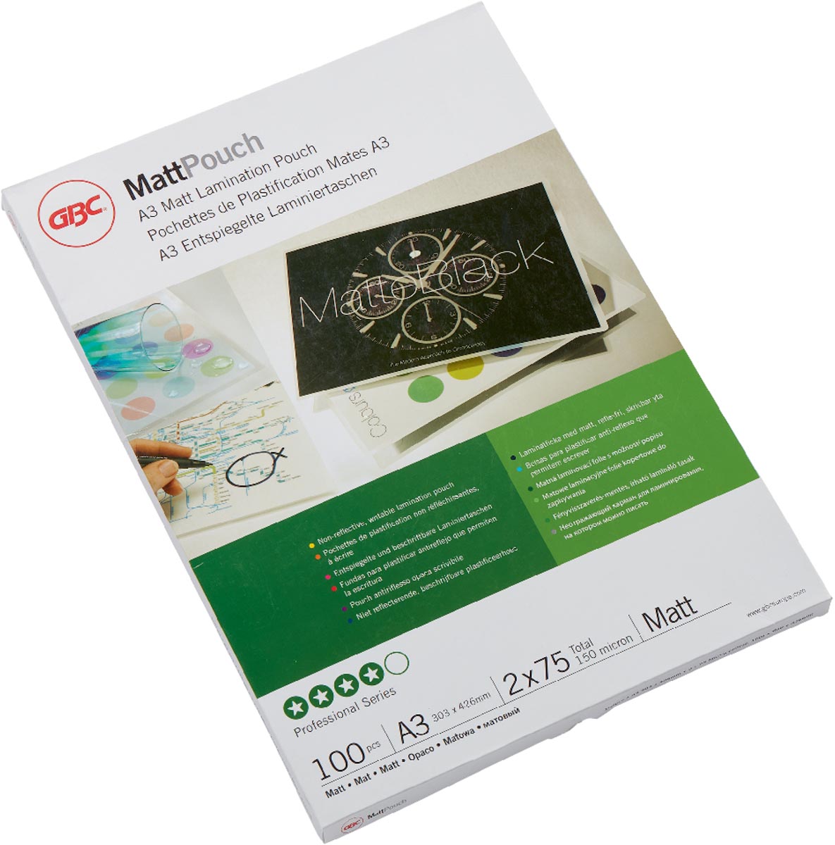 GBC Matt lamineerhoes ft A3, 150 micron (2 x 75 micron), mat, pak van 100 stuks afbeelding