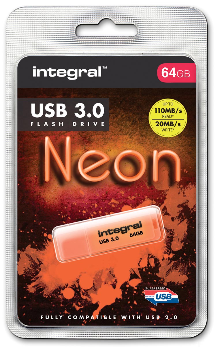 Integral Neon USB 3.0 stick, 64 GB, oranje afbeelding