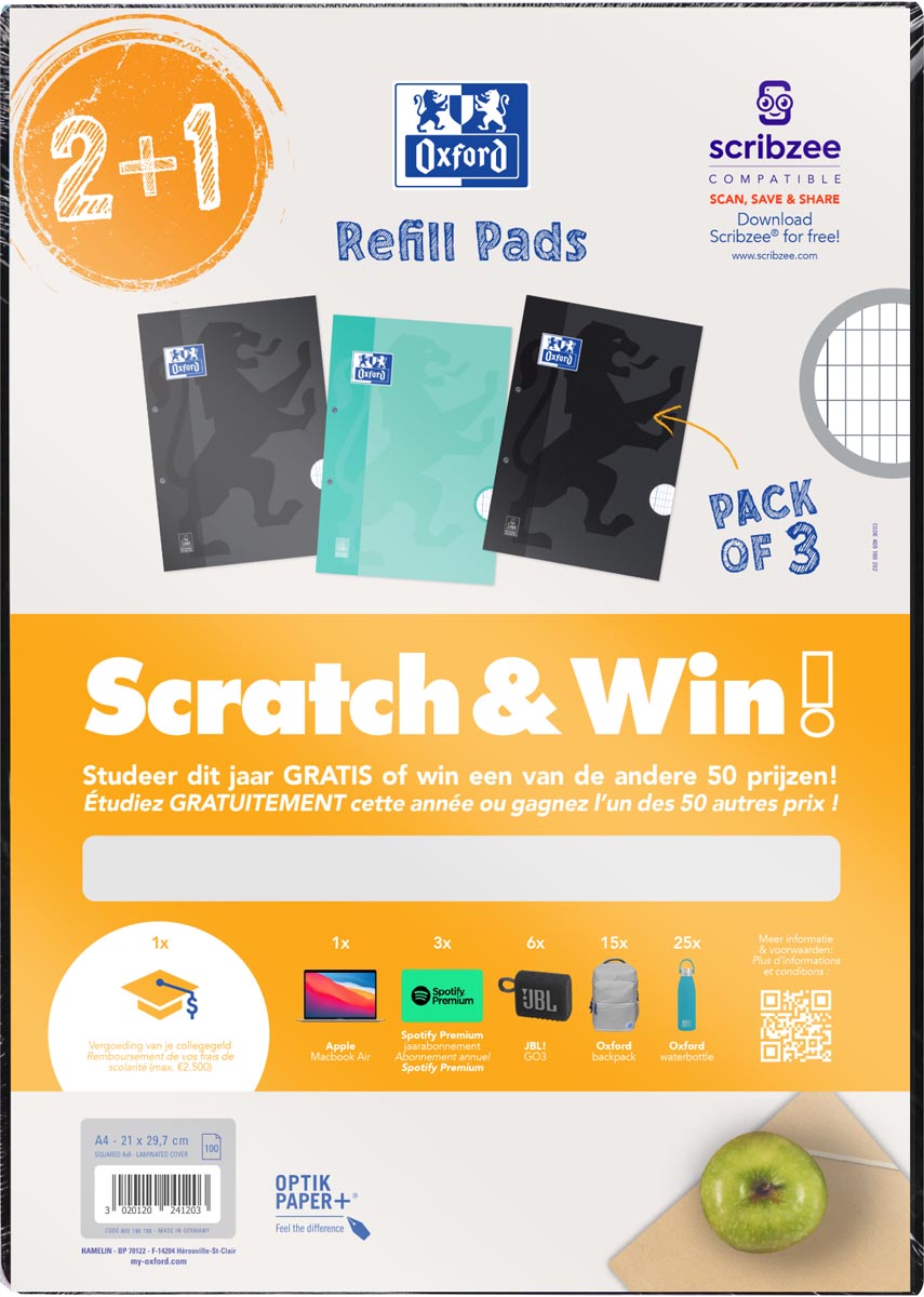 Oxford School cursusblok ft A4 100 vel assorti commercieel geruit 2 + 1 gratis Scratch & Win