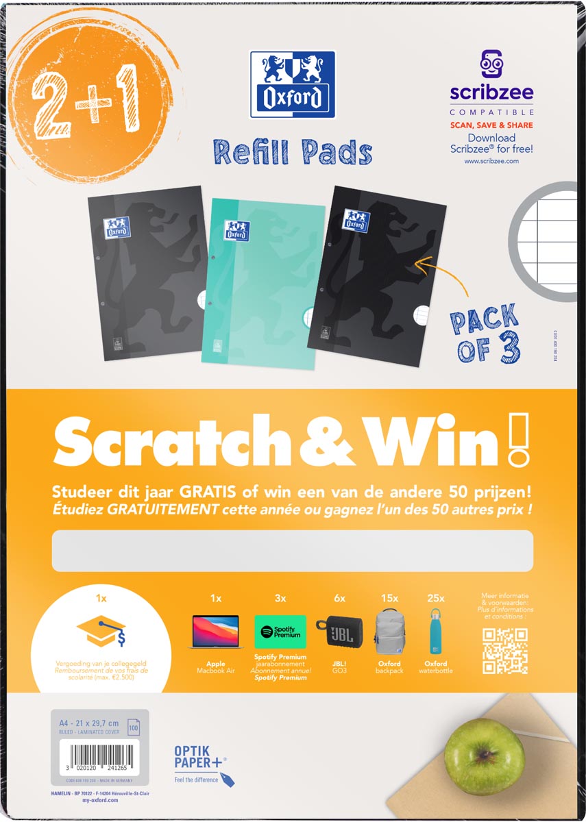 Oxford School cursusblok ft A4 100 vel assorti gelijnd 2 + 1 gratis Scratch & Win